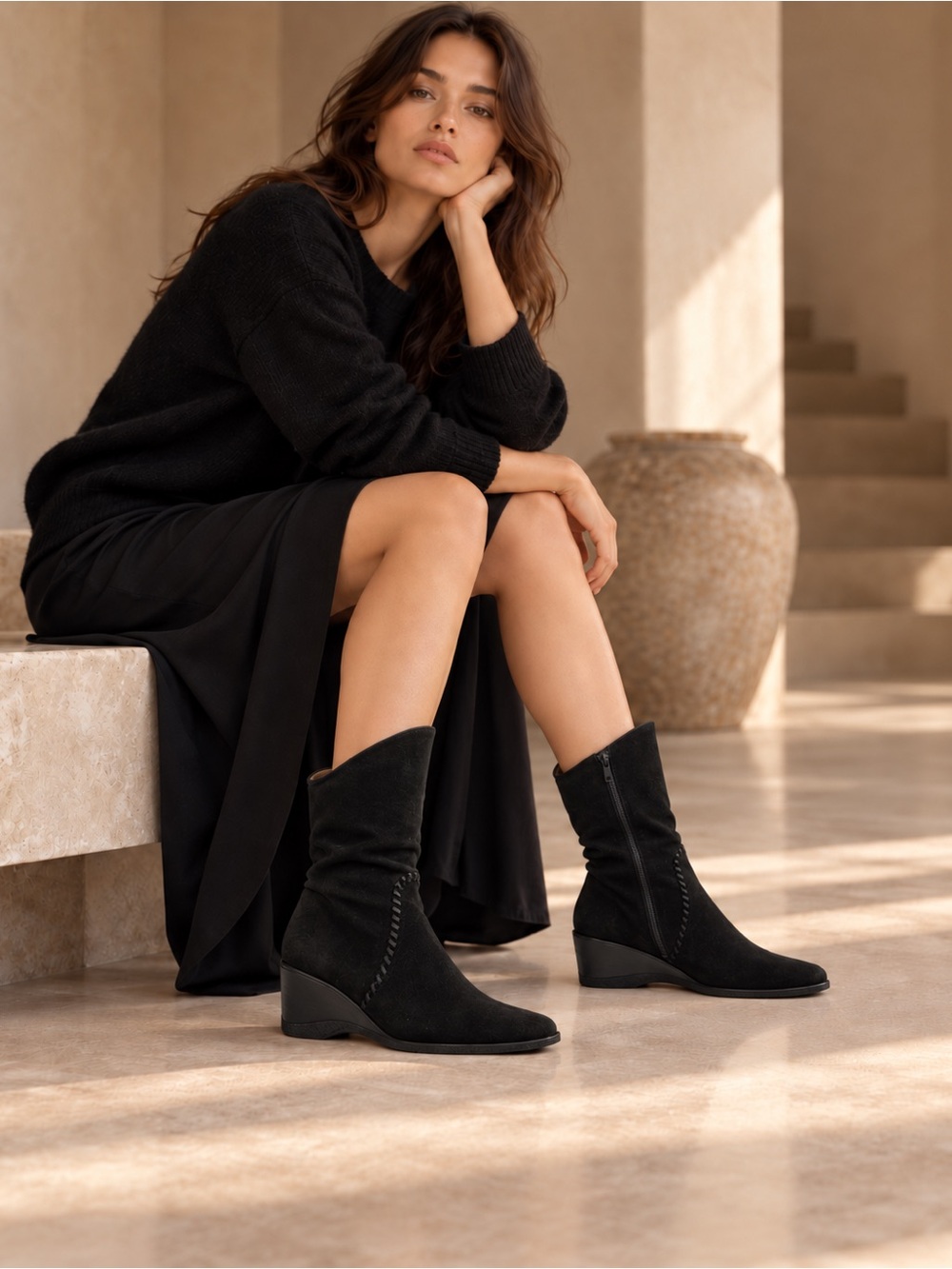 Aquatalia Black Suede Wedge Mid-Calf Boots Size 8.5 Whipstitch Made in Romania